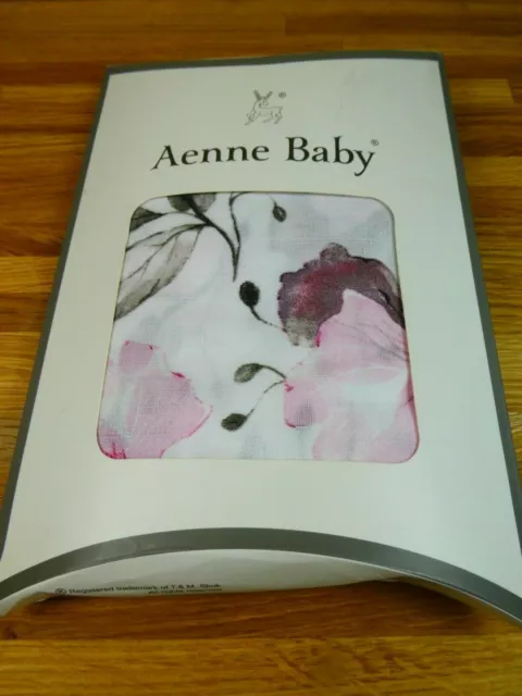 Aenne Baby Girl  Muslin Swaddle Blanket Floral,  pink, grey, white Large 47, NEW