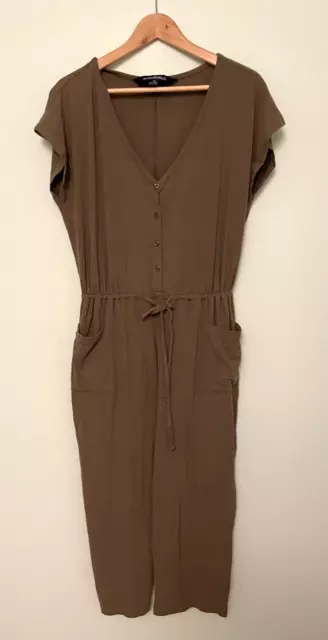 Norma Kamali Crop Jumpsuit Womens L Brown Stretch Drawstring Wide Leg Neutral