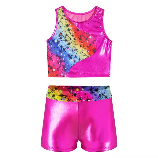 Kids Girls Outfit Patchwork Shorts Set Workout Athletic Suit Training Top Gym