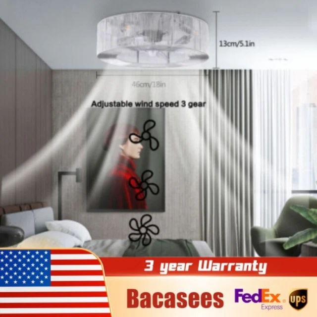 3-SPEED CAGED LOW Profile Enclosed Ceiling Fan with Light + Remote