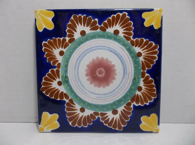 Vintage Portugese Enameled Hand Painted Tile Cobalt PINK Flower 5.75" 2