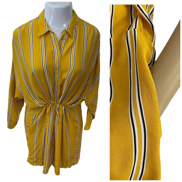 Topshop Womens Shirt Dress Size 6 Yellow Collar Button Up Pocket Draw String