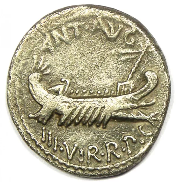 Marc Antony AR Denarius Silver Roman Galley Coin 30 BC - Good VF (Very Fine)