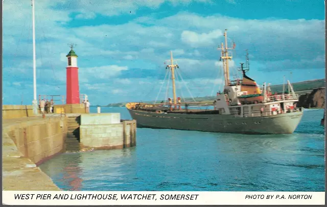 Watchet, Somerset - West Pier, Lighthouse, ship - postcard c.1970s