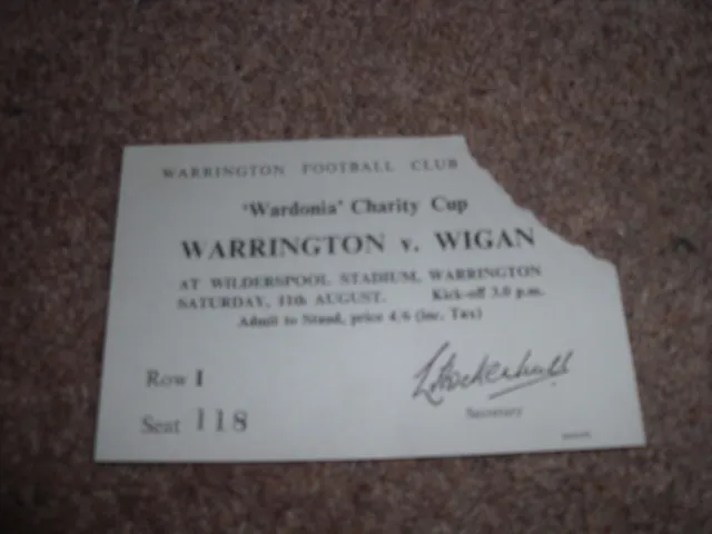 Match Ticket Warrington V Wigan Wardonia Cup 11Th August 1962