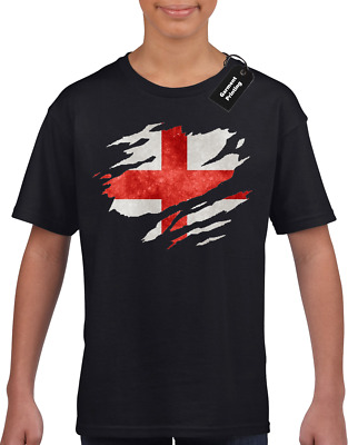 England Flag Slash Kids Childrens T-Shirt Top Football Rugby Fan Boys (Col)