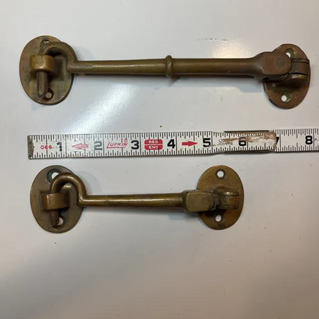 Pair Of Antique Brass Door Hook & Eye Solid Brass 6” & 8”