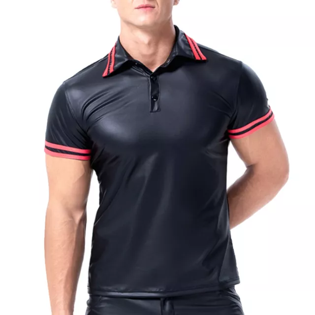 Men Faux Leather T-shirt Wet Look Short Sleeve Button Down Shirt Tops Nightclub
