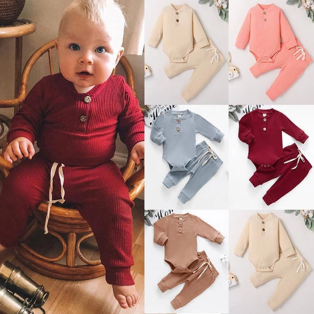 Newborn Baby Boy Girl Clothes Ribbed Romper Jumpsuit Bodysuit Pants Outfits Set