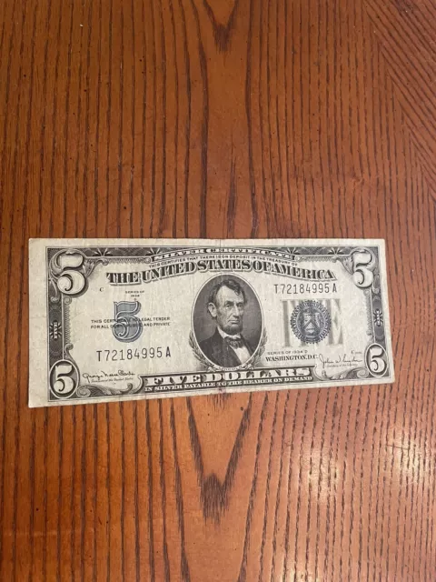 1934-D $5 Dollar Silver Certificate Blue Seal  ( Narrow )