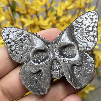 3" Natura Silver Obsidian Handmade Butterfly Skull Quartz Crystal Reiki Healing