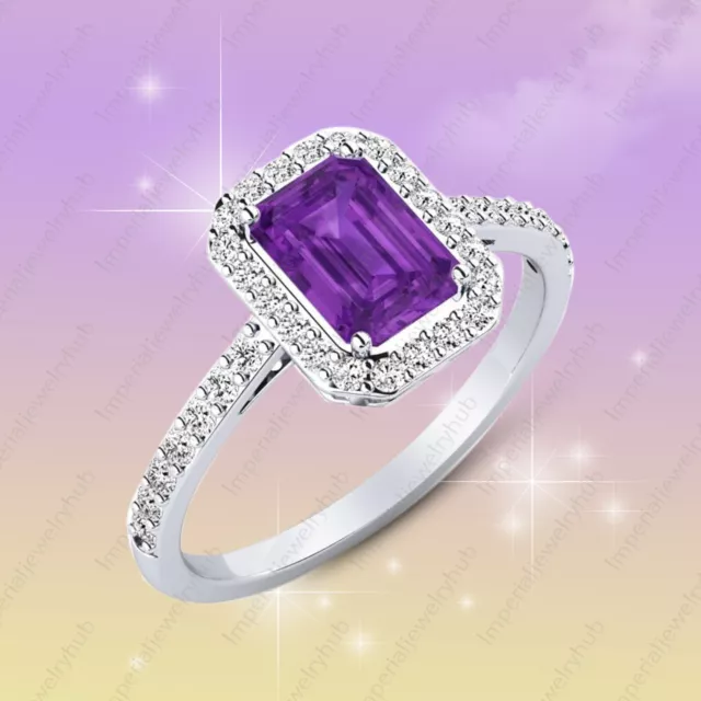 14k White Gold Plated Ring 7x5 MM Emerald Cut Amethyst Gemstone Ring Moms Gift