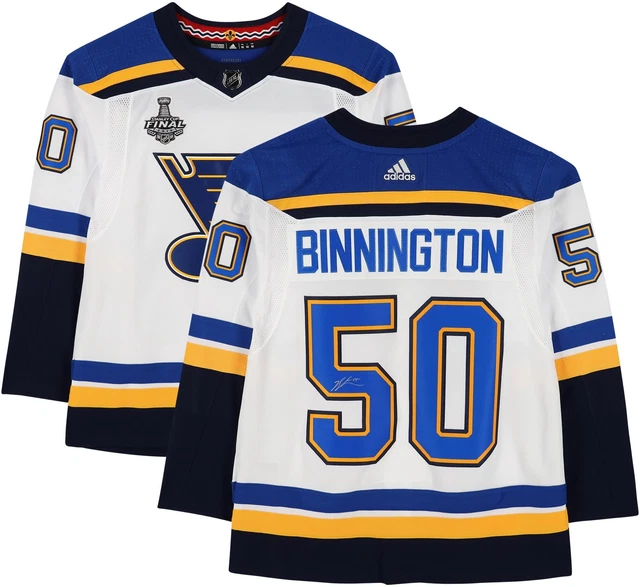 Jordan Binnington StL Blues Signed White Authentic Jersey & 2019 SC Final Patch