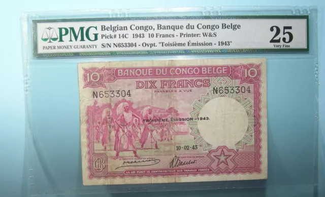1943 BELGIAN CONGO 10 FRANCS P14c PMG VERY FINE 25 INV#PM105-26