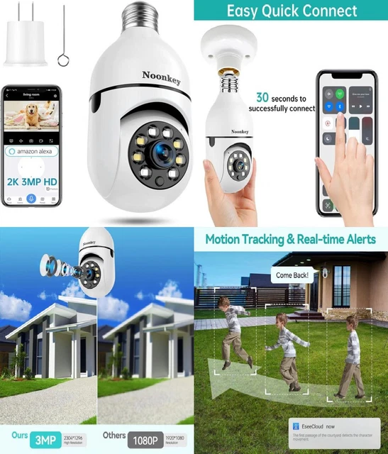NOONKEY 2K/3MP LIGHT Bulb Security Camera, 360° Degree Panoramic,Alexa
