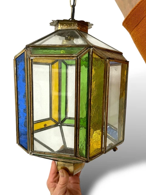 Antica Lanterna Arte Araba Anni 50 Vetri Colorati Vintage Sospensione