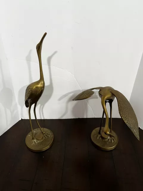 Vintage Solid Brass Figurine Crane Birds Herons 12" Tall  Set of 2 Made in Korea