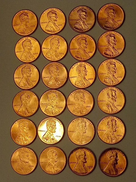 Lincoln Cents Lot of 24. 2000's UNC. & 1955-D-1958-D UNC.