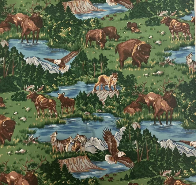 Vtg Cranston Yellowstone Park Wildlife Fabric 54 x 45 Buffalo Moose Elk Wolf