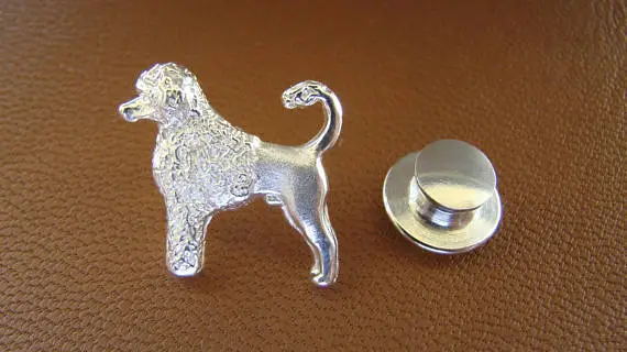 Small Sterling Silver Portuguese Water Dog Standing Study Lapel Pin