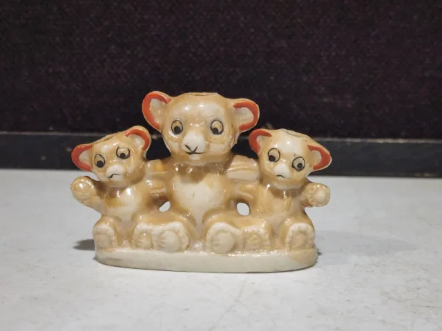 Vintage Japan Ceramic Lusterware 3 Teddy Bears Toothpick Vase