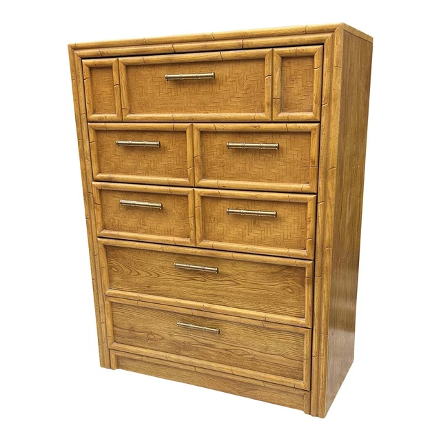 Vintage Boho Chic Lea Faux Bamboo Rattan Dresser High Chest Drawers
