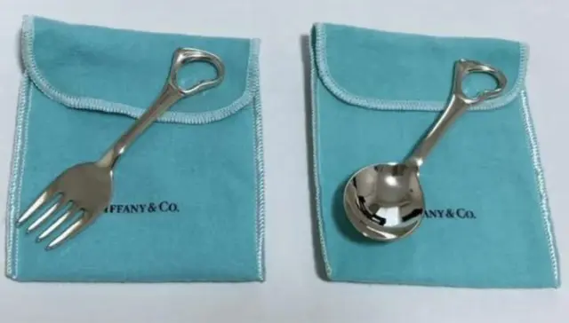 Juego de tenedor y cucharas para bebé corazón abierto TIFFANY & Co. plata esterlina con caja de cubiertos sin envío