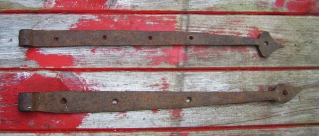 ANTIQUE WROUGHT IRON STRAP HINGES 18th C. MAINE BARN SPADE TIPS