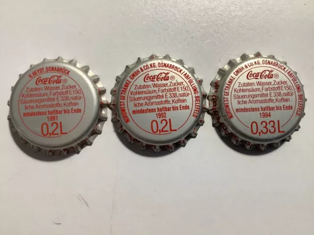 Lot Of 3 Different COCA-COLA Plastic Lined Soda Bottle Caps GERMANY 91 92 94 🥤