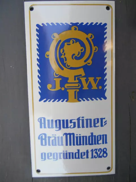 J.W. Augustiner Bräu München Emailschild Bier Brauerei Reklame Schild gewölbt