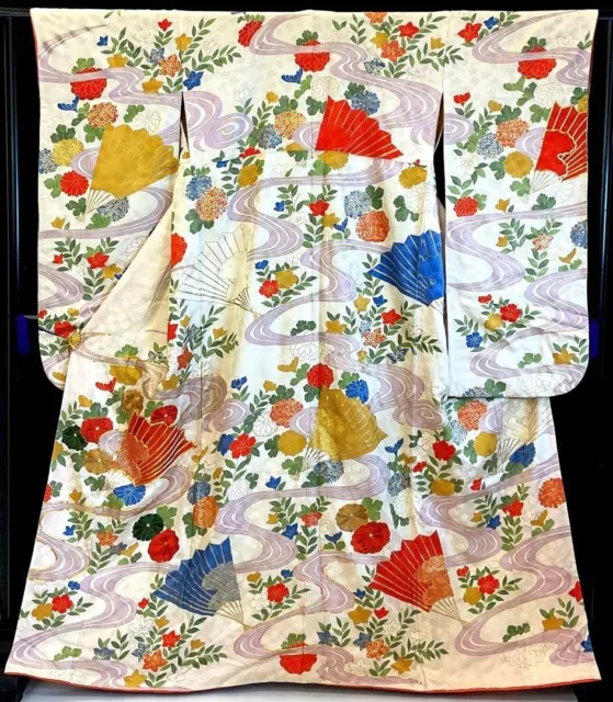 Japanese Kimono Silk Furisode Vintage Traditional Hand embroidery fan flower