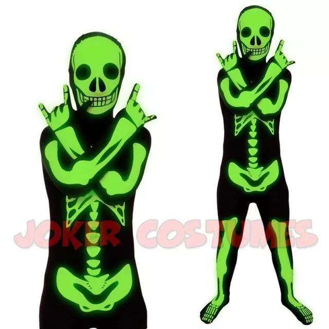 Kids Glow in Dark Skeleton Morphsuit Boys Girls Halloween Fancy Dress Costume