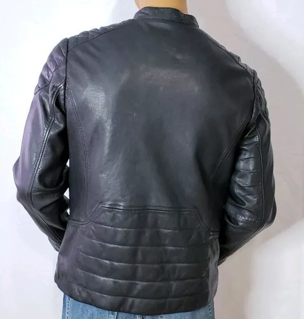 Portfolio Perry Ellis Mens Lambskin Classic Warm Black Leather Biker Moto Jacket 2