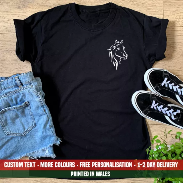 Ladies Horse Face Silhouette Pocket T Shirt Horse Riding Pony Show Jumping Gift