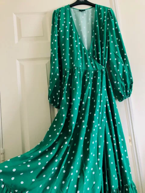 NEXT Green & White Polka Dot Print Long Sleeve Long Wrap Dress, Size 12-14