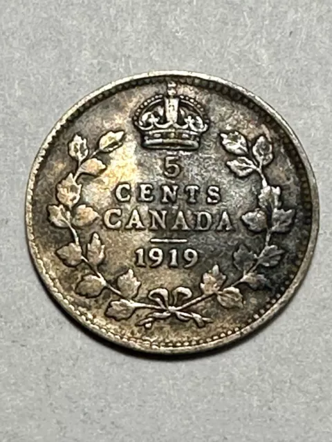 1919 Canada 5 Cents King George V Canadian (.925) Silver Coin KM#22 VF-XF