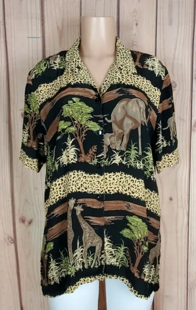 STEPHANIE THOMAS Womens Size 14 Short Sleeve Button Down Africa Print Rayon Top