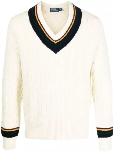 Polo Ralph Lauren Cable-Knit V-Neck Cricket Sweater White Wool | L - Large BNWT