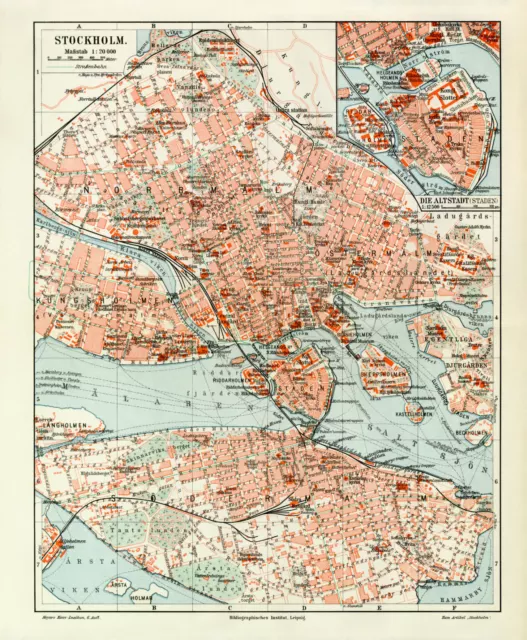 Stockholm historischer Stadtplan Karte Lithographie ca. 1908 antike Stadtkarte