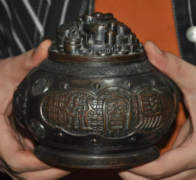 5.2"old China bronze wealth luck ingot yuanbao coin “聚宝盆” Crock tank pot jar