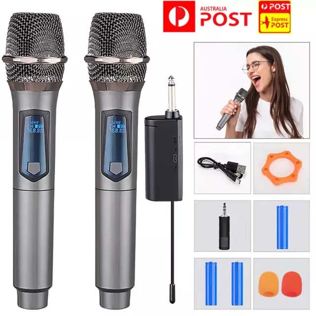 2x Wireless Microphone Handheld Cordless UHF Dynamic Mic System Karaoke Receiver