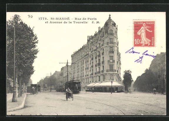 CPA Saint-Mandé, Rue de Paris et Avenue de la Tourelle, tramway et attelages