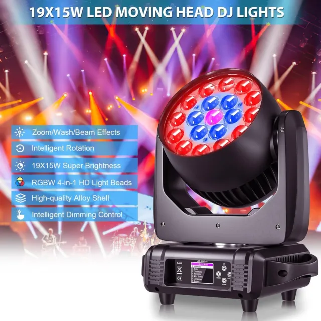 19x15W 4in1 Zoom Wash Beam LED Moving Head Stage RGBW Scheinwerfer DMX Nachtclub