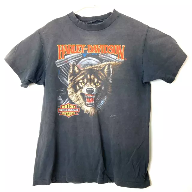 VTG 3D Emblem Men's Harley Davidson Black Wolf Motorcycle T-Shirt Sz L