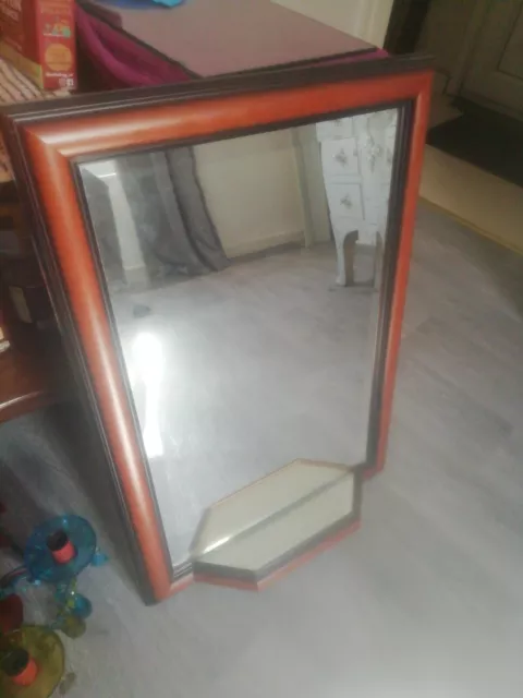 Vintage Art Deco Mahogany  Frame Bevelled Mirror With Mirrored Shelf