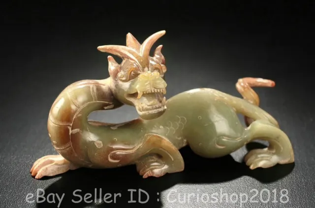 5.4" Chinese Natural Hetian Jade Nephrite Carving Dragon Beast Statue Sculpture