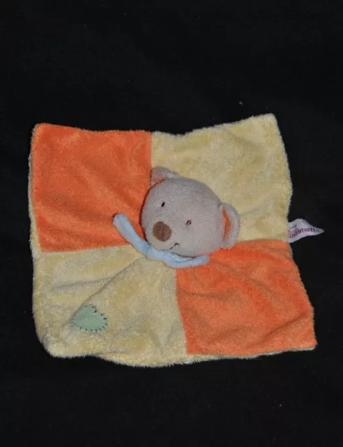 Peluche Doudou Plat Ours POMMETTE Nounours Carré Jaune Orange Coeur Vert TTBE