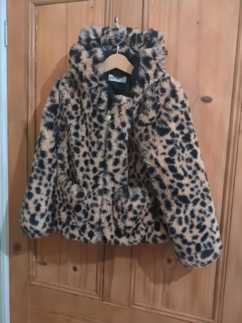 H&M Girls Leopard Print Fur Bomber Jacket With Bear Ears Hood Age 6-7 Years