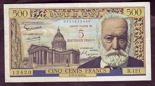 A05+  Billet  500 Francs  Surcharge 5 Nf Victor Hugo