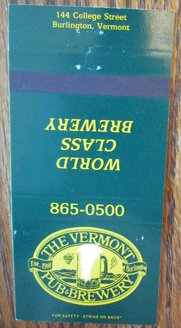 Vermont Brewery Brew Pub Matchbook Matchcover (Burlington, Vt) -E1